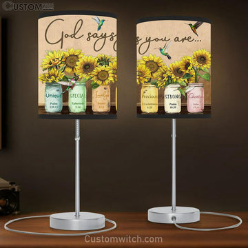 God Says You Are Sunflower &amp; Humming Bird Table Lamp Gift - Christian Wall Table Lamp - Scripture Table Lamp Prints