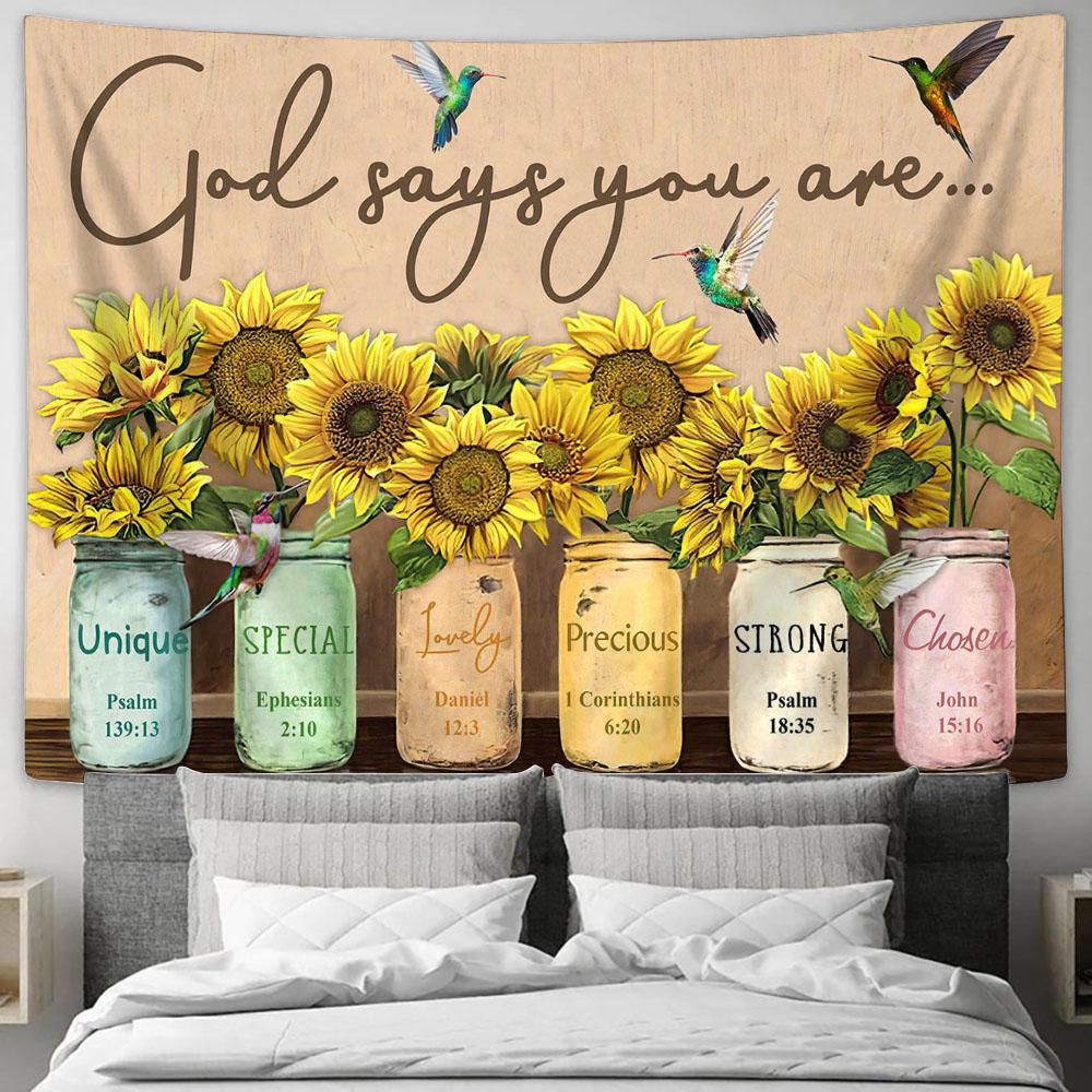 God Says You Are Sunflower &amp; Humming Bird Tapestry Wall Art - Christian Wall Tapestry - Scripture Tapestry Prints