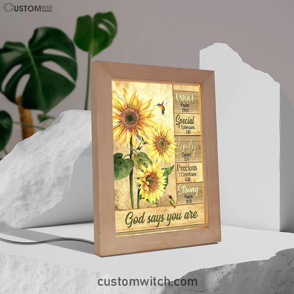 God Says You Are Sunflower Hummingbird Frame Lamp Art - Christian Art - Bible Verse Art - Religious Home Decor