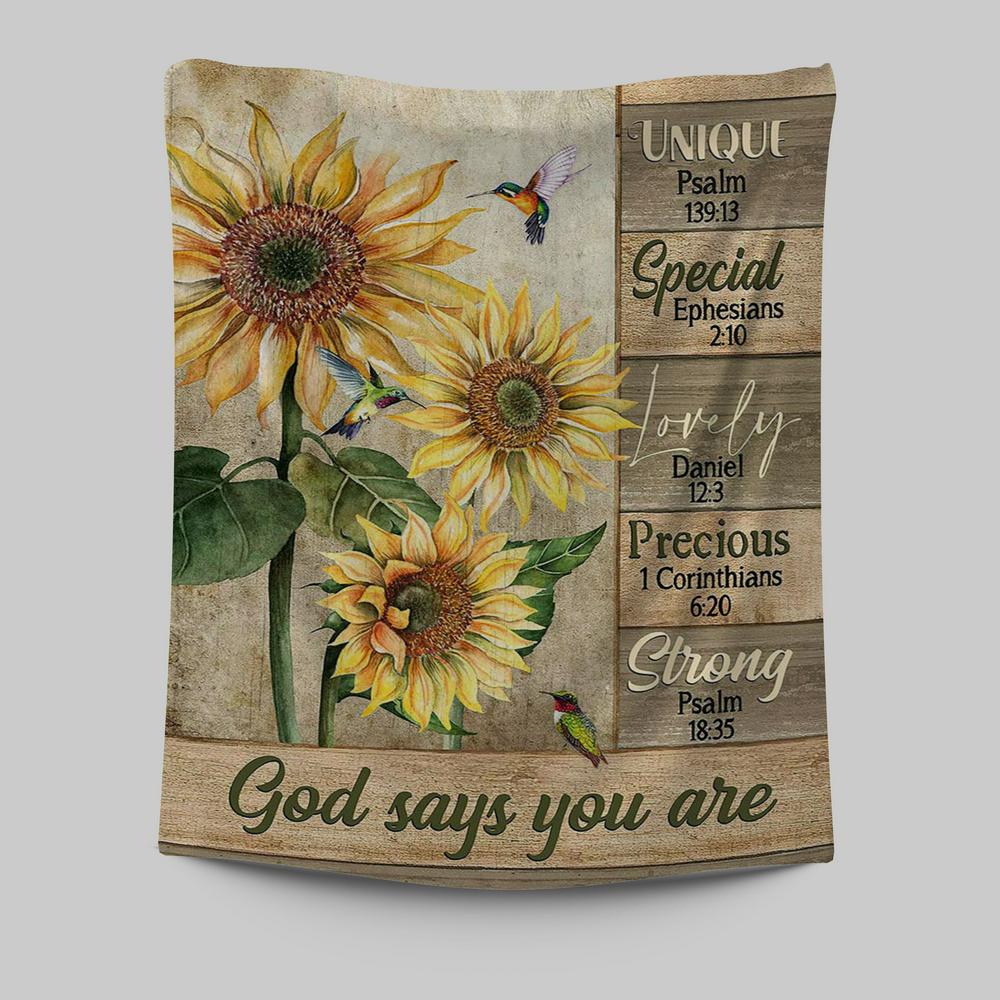 God Says You Are Sunflower Hummingbird Tapestry Art - Christian Art - Bible Verse Wall Art - Religious Home Decor