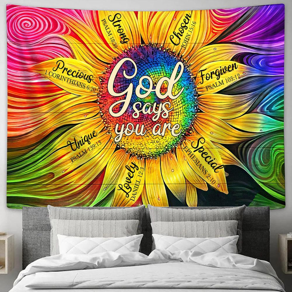 God Says You Are Sunflower Tapestry Prints - Christian Wall Tapestry - Scripture Tapestry Prints