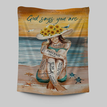 God Says You Are Tapestry Beautiful Girl On The Beach Tapestry Wall Art - Christian Tapestries Prints - Bible Verse Tapestry Art