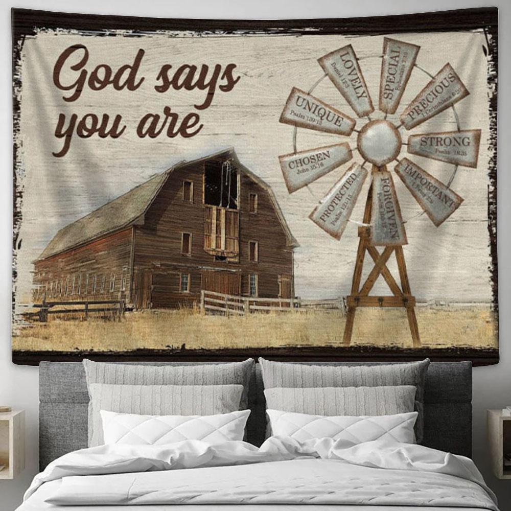 God Says You Are Tapestry Wall Art - Farmhouse Windmill - Christian Wall Decor