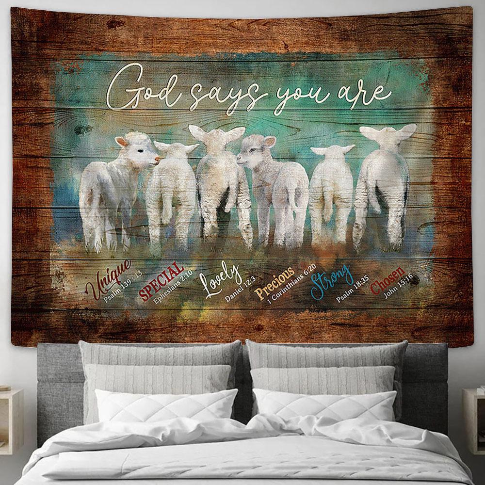 God Says You Are Unique Baby Lambs Tapestry Wall Art - Bible Verse Tapestry - Religious Tapestry Wall Hanging