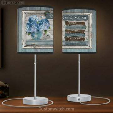 God Says You Are Unique Blue Hydrangeas, White Cat Lamp Gift Table Lamp - Christian Lamp Gift - Religious Art