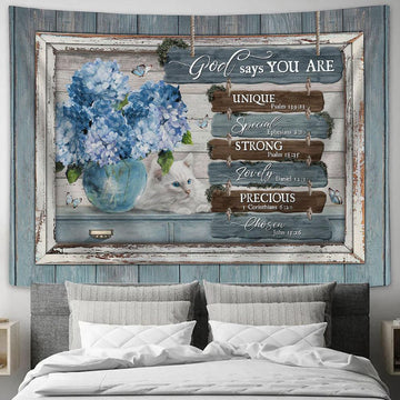 God Says You Are Unique Blue Hydrangeas, White Cat Wall Art Tapestry - Christian Wall Art - Religious Art