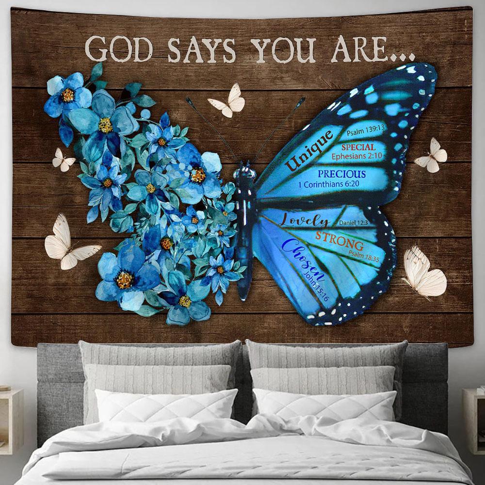 God Says You Are Unique Butterfly Blue Flower Tapestry Prints - Religious Tapestry Art - Christian Home Decor