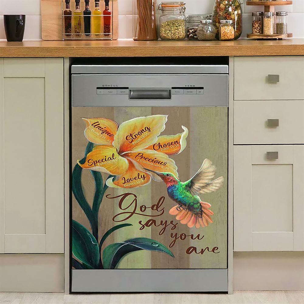 God Says You Are Unique Hummingbird Red Poppy Dishwasher Cover, Bible Verse Dishwasher Stickers, Christian Inspirational Kitchen Decor