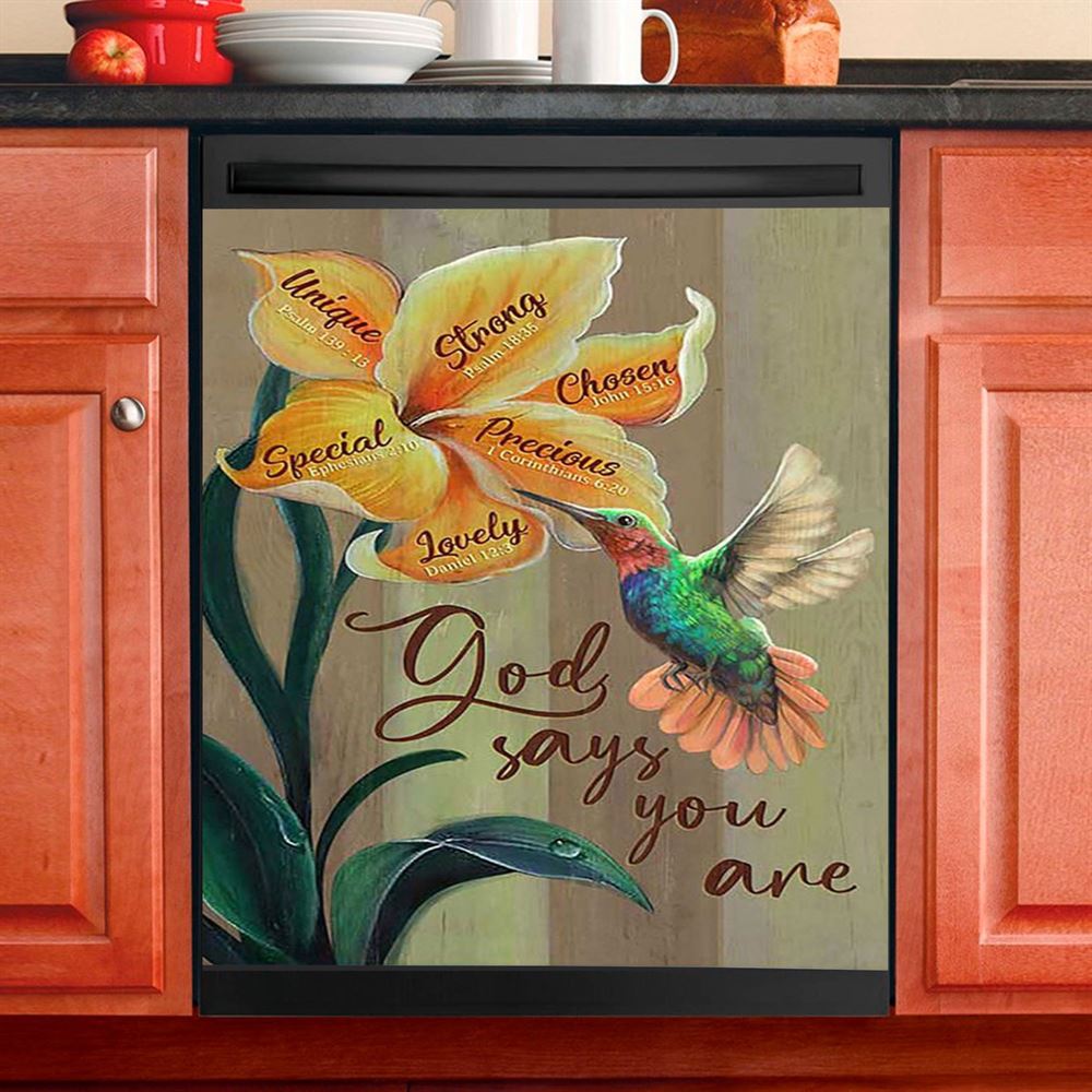 God Says You Are Unique Hummingbird Red Poppy Dishwasher Cover, Bible Verse Dishwasher Stickers, Christian Inspirational Kitchen Decor
