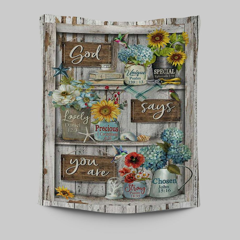 God Says You Are Unique Hummingbird Red Poppy Tapestry Art - Bible Verse Wall Art - Christian Inspirational Wall Decor