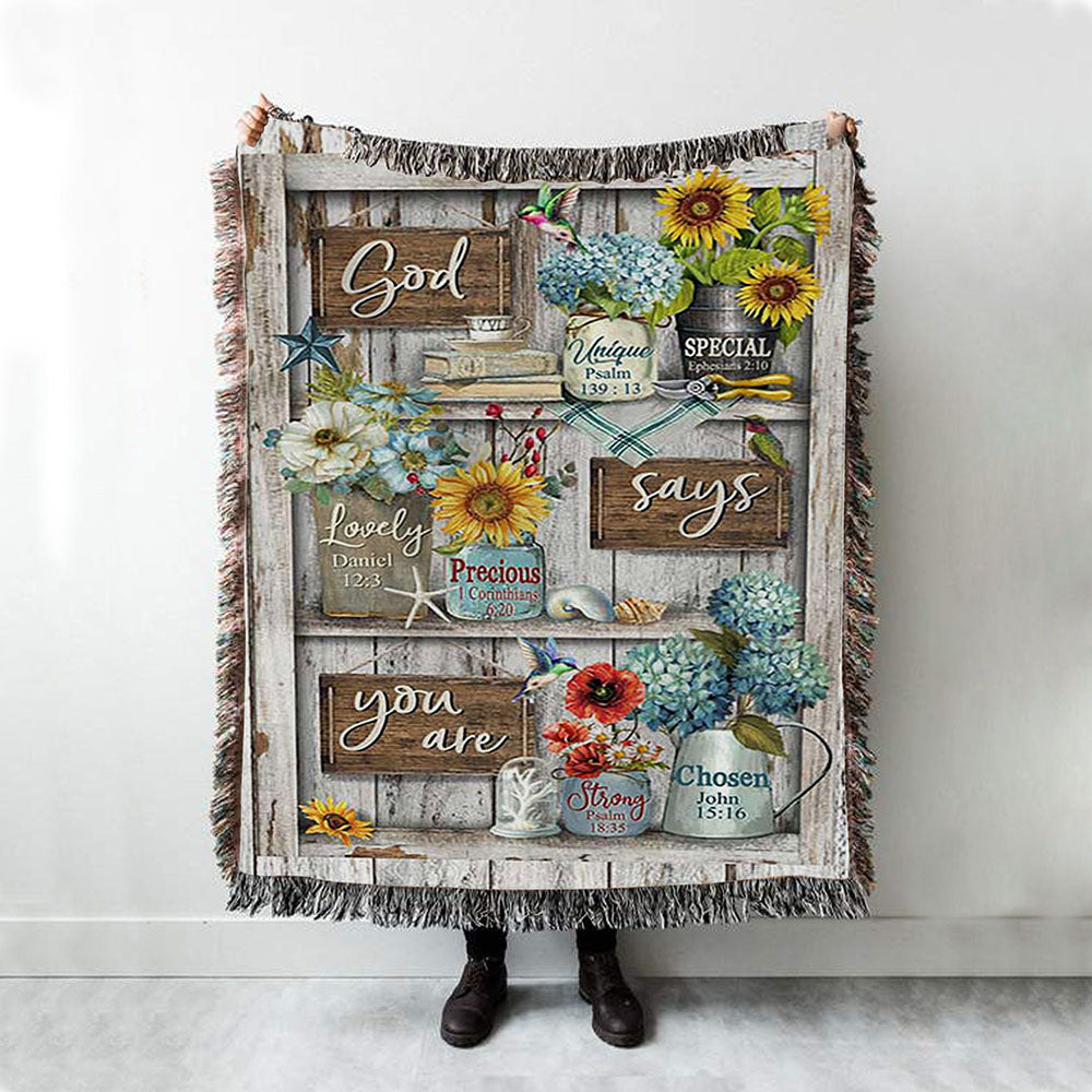 God Says You Are Unique Hummingbird Red Poppy Woven Blanket Art - Bible Verse Throw Blanket - Christian Inspirational Boho Blanket