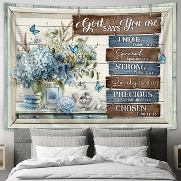 God Says You Are Unique Special Strong Lovely Precious Chosen Cat Flower Butterfly Large Tapestry Art - Christian Wall Art - Religious Tapestry Prints