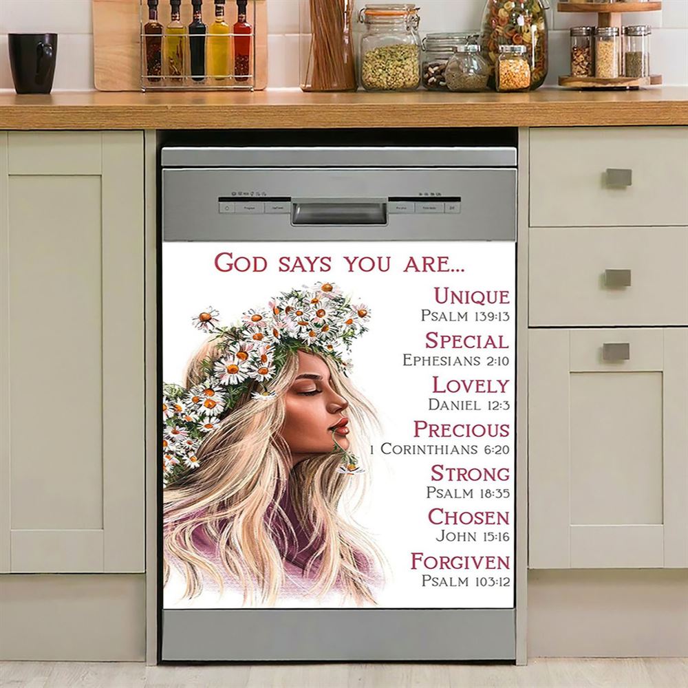 God Says You Are Unique Yellow Lily Hummingbird Dishwasher Cover, Bible Verse Dishwasher Stickers, Christian Inspirational Kitchen Decor