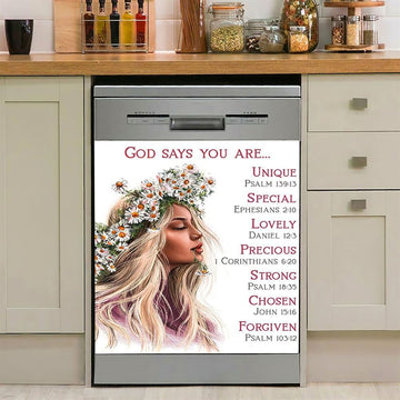 God Says You Are Unique Yellow Lily Hummingbird Dishwasher Cover, Bible Verse Dishwasher Stickers, Christian Inspirational Kitchen Decor