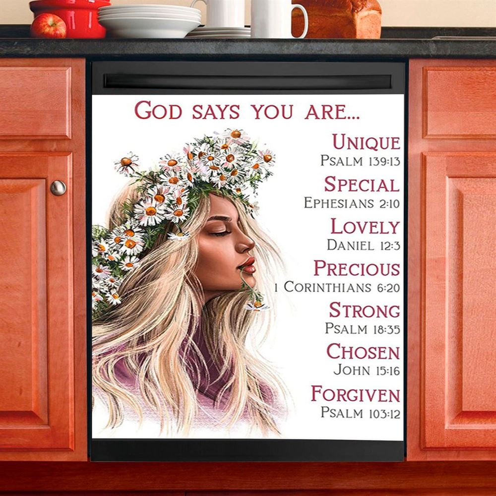 God Says You Are Unique Yellow Lily Hummingbird Dishwasher Cover, Bible Verse Dishwasher Stickers, Christian Inspirational Kitchen Decor