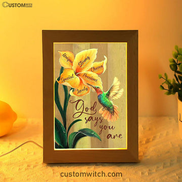 God Says You Are Unique Yellow Lily Hummingbird Frame Lamp Art - Bible Verse Art - Christian Inspirational Decor