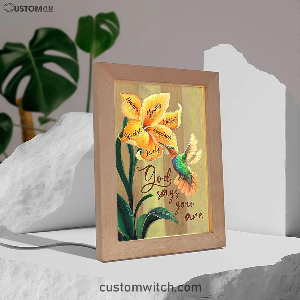 God Says You Are Unique Yellow Lily Hummingbird Frame Lamp Art - Bible Verse Art - Christian Inspirational Decor