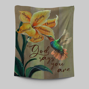 God Says You Are Unique Yellow Lily Hummingbird Tapestry Art - Bible Verse Wall Art - Christian Inspirational Wall Decor