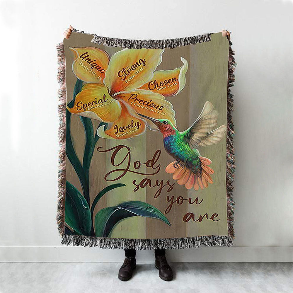God Says You Are Unique Yellow Lily Hummingbird Woven Blanket Art - Bible Verse Throw Blanket - Christian Inspirational Boho Blanket