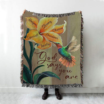 God Says You Are Unique Yellow Lily Hummingbird Woven Blanket Art - Bible Verse Throw Blanket - Christian Inspirational Boho Blanket