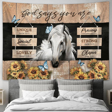 God Says You Are White Horse Sunflower Tapestry Prints - Religious Tapestry Art - Christian Home Decor