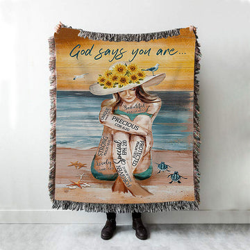 God Says You Are Woven Blanket Beautiful Girl On The Beach Woven Throw Blanket - Christian Woven Blanket Prints - Bible Verse Woven Blanket Art