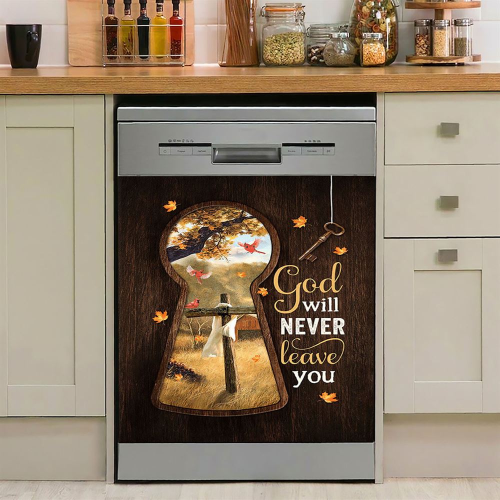 God Will Never Leave You Wooden Cross Red Cardinal Dishwasher Cover, Christian Dishwasher Stickers, Bible Verse Kitchen Decor