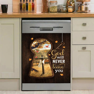 God Will Never Leave You Wooden Cross Red Cardinal Dishwasher Cover, Christian Dishwasher Stickers, Bible Verse Kitchen Decor
