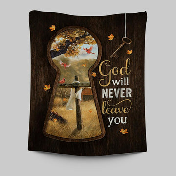 God Will Never Leave You Wooden Cross Red Cardinal Tapestry Wall Art - Christian Tapestries Prints - Bible Verse Tapestry Art