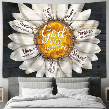 God says you are Daisy flower Tapestry Wall Art - Bible Verse Tapestry - Religious Tapestry Wall Hanging