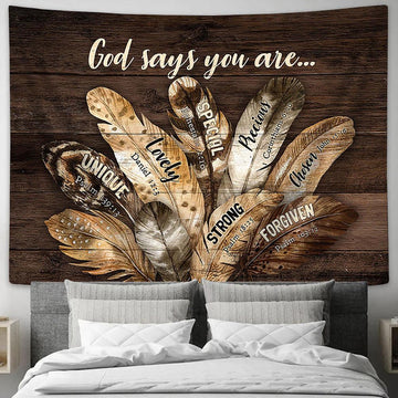 God says you are Feather Tapestry Wall Art - Bible Verse Tapestry - Religious Tapestry Wall Hanging