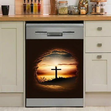 Good Friday Cross Golden Sunset Sky Dishwasher Cover, Religious Dishwasher Stickers, Christian Kitchen Decor
