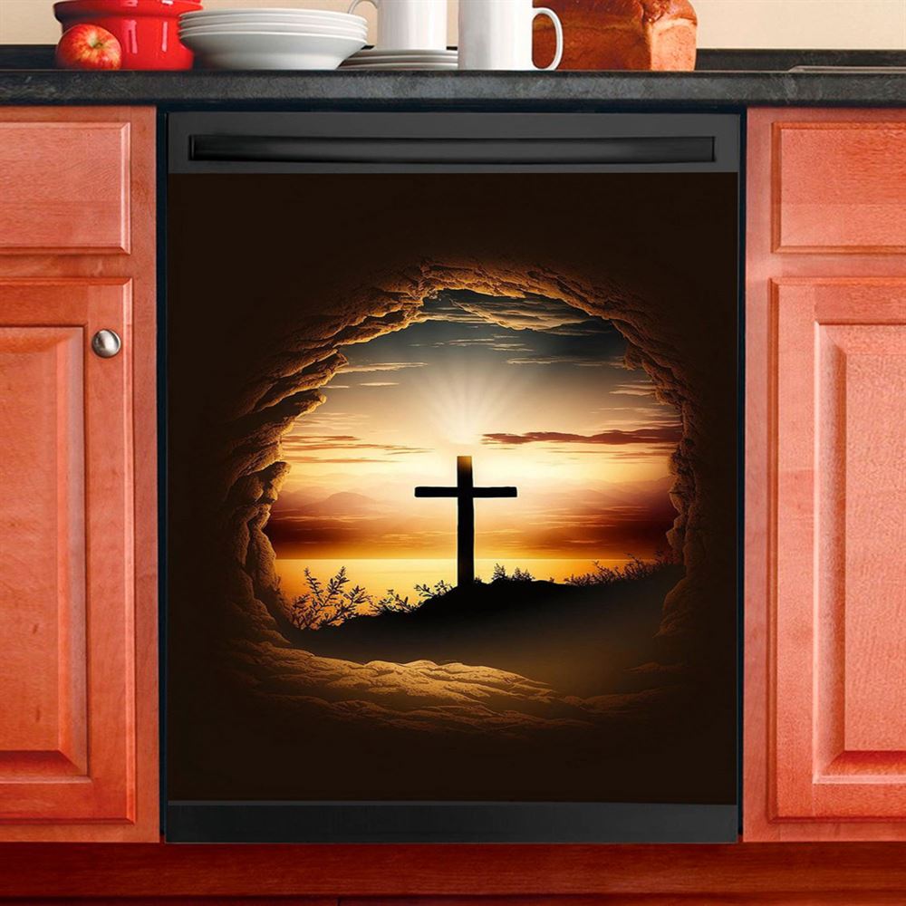 Good Friday Cross Golden Sunset Sky Dishwasher Cover, Religious Dishwasher Stickers, Christian Kitchen Decor