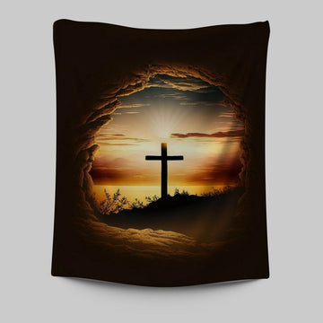 Good Friday Cross Golden Sunset Sky Tapestry Prints - Religious Tapestries Wall Hanging Art - Christian Wall Decor
