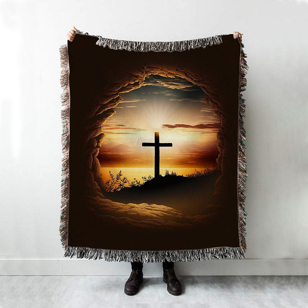 Good Friday Cross Golden Sunset Sky Woven Blanket Prints - Religious Woven Blanket Art - Christian Boho Blanket
