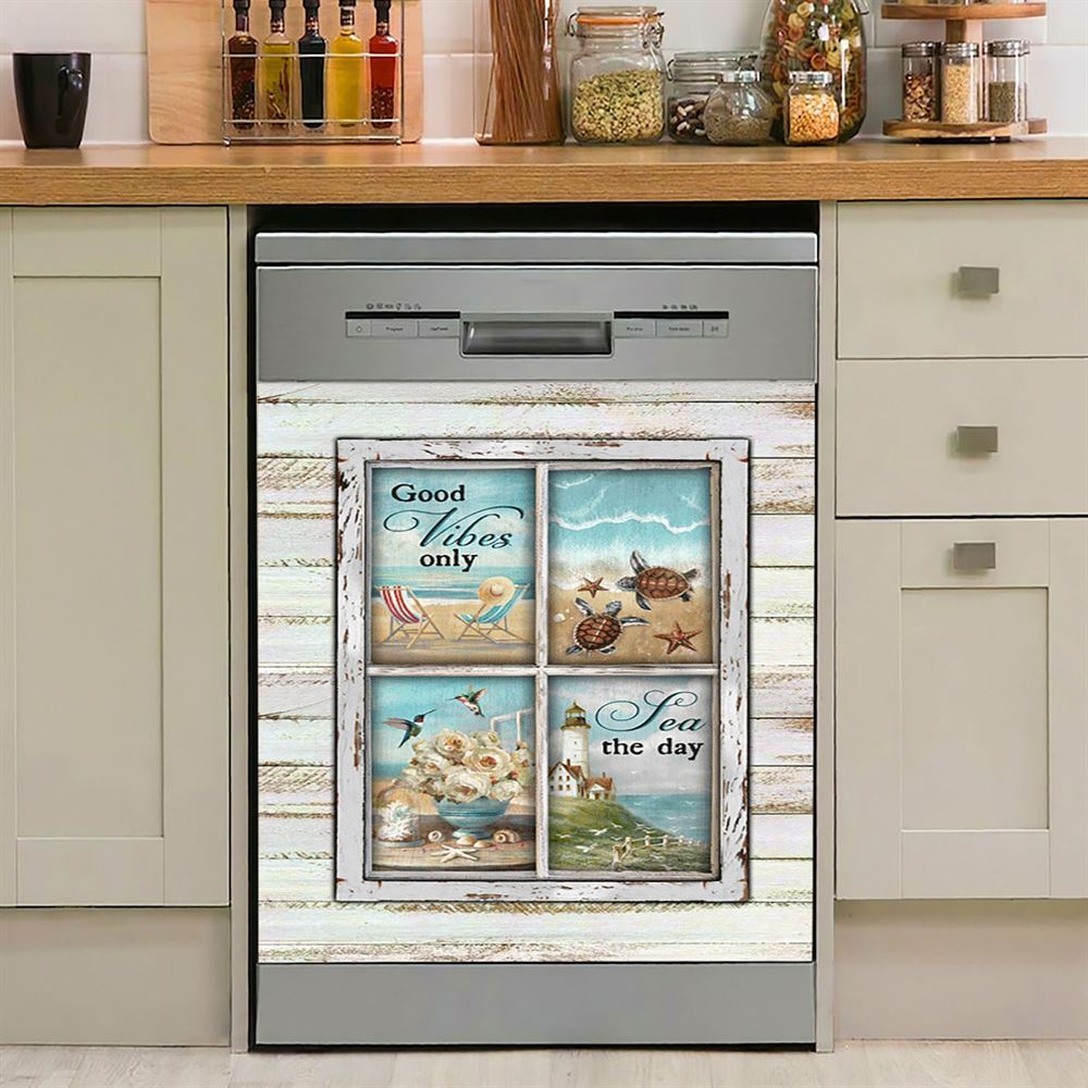 Good Vibes Only Beach Chairs Sea Turtle Dishwasher Cover, Christian Dishwasher Stickers, Bible Verse Kitchen Decor