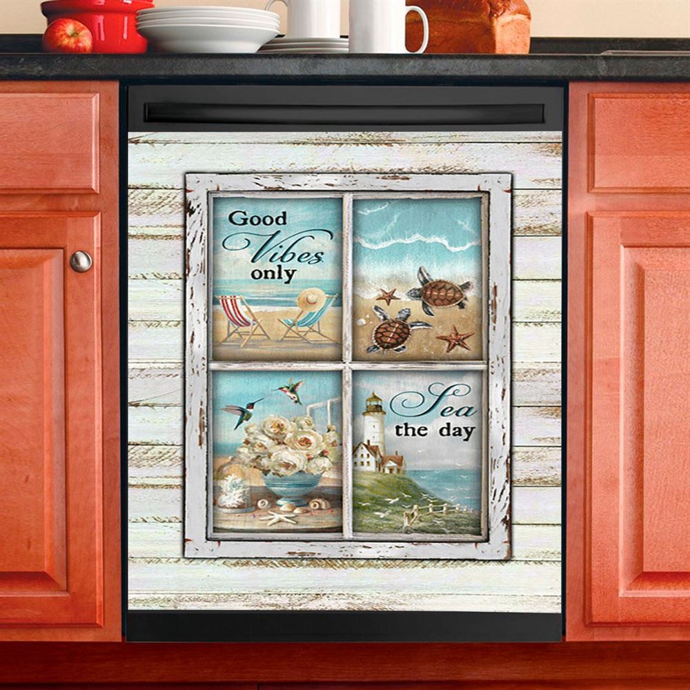 Good Vibes Only Beach Chairs Sea Turtle Dishwasher Cover, Christian Dishwasher Stickers, Bible Verse Kitchen Decor