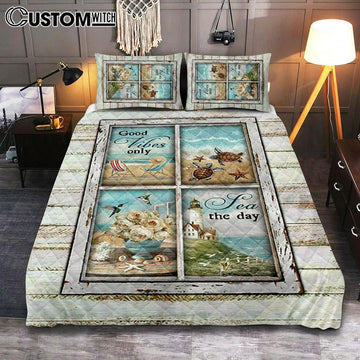 Good Vibes Only Beach Chairs Sea Turtle Quilt Bedding Set Bedroom - Christian Quilt Bedding Set Prints - Bible Verse Quilt Bedding Set Art
