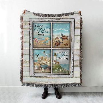 Good Vibes Only Beach Chairs Sea Turtle Woven Throw Blanket - Christian Woven Blanket Prints - Bible Verse Woven Blanket Art