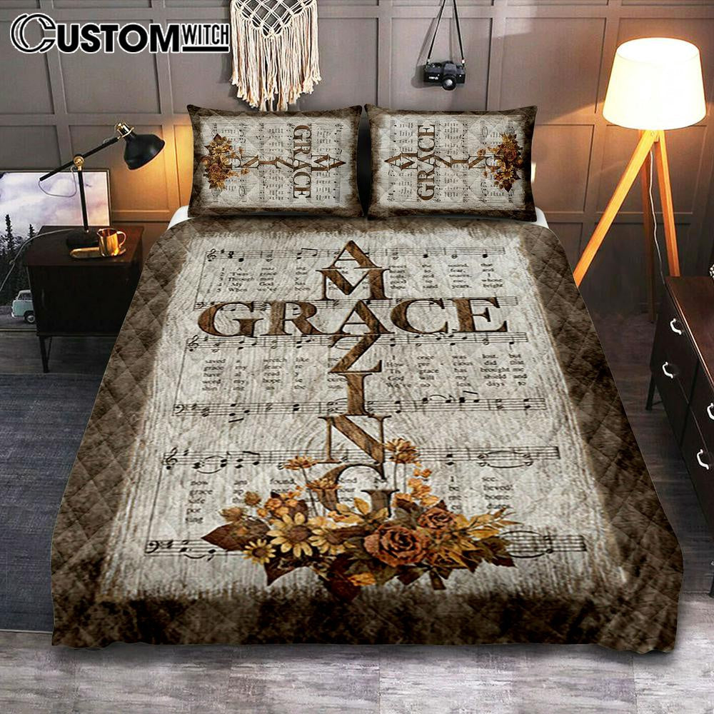 Grace Song Vintage Flower Jesus Cross Quilt Bedding Set Bedroom - Christian Quilt Bedding Set Prints - Bible Verse Quilt Bedding Set Art