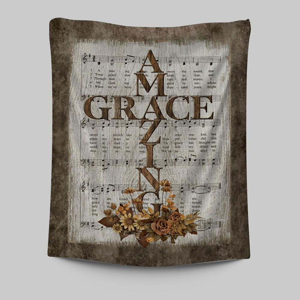 Grace Song Vintage Flower Jesus Cross Tapestry Wall Art - Christian Tapestries Prints - Bible Verse Tapestry Art