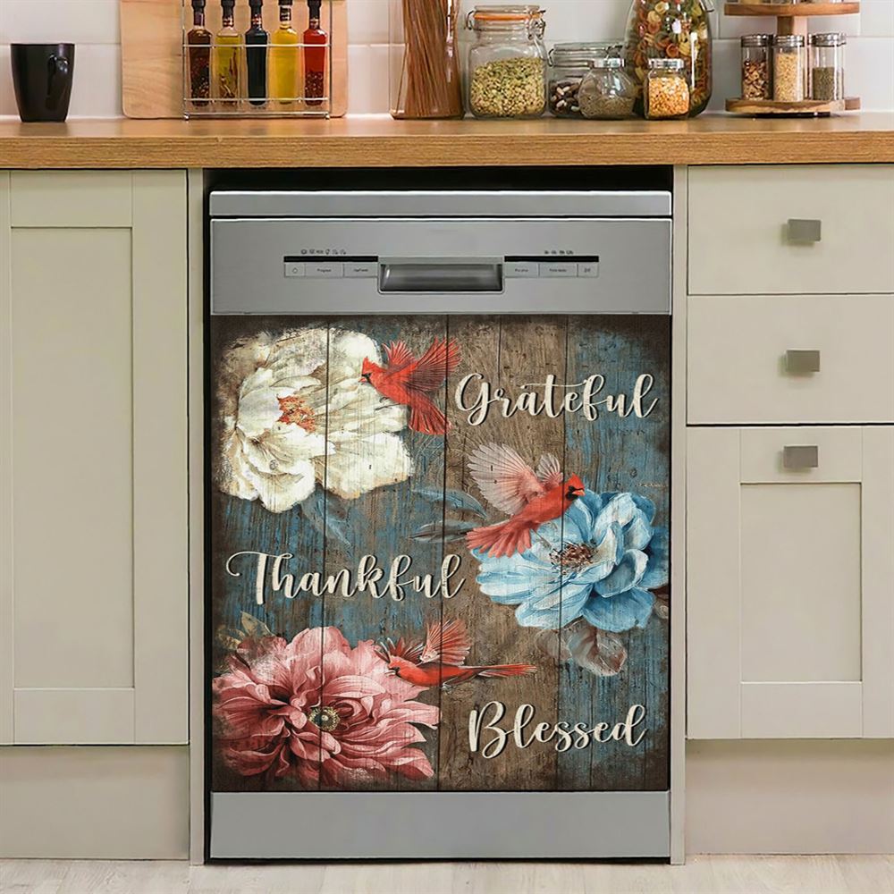 Grateful Thankful Blessed Beautiful Camellia Northern Cardinal Dishwasher Cover, Christian Dishwasher Stickers, Religious Kitchen Decor