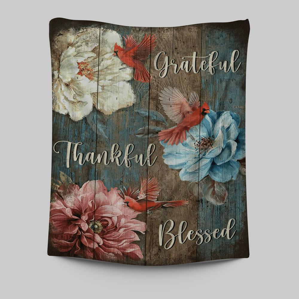 Grateful Thankful Blessed Beautiful Camellia Northern Cardinal Tapestry Wall Art - Christian Wall Art Decor - Religious Tapestries Wall Hanging Prints