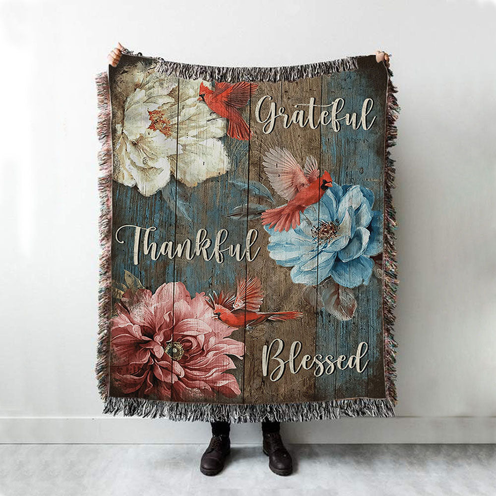 Grateful Thankful Blessed Beautiful Camellia Northern Cardinal Woven Throw Blanket - Christian Throw Blanket Decor - Religious Woven Blanket Prints