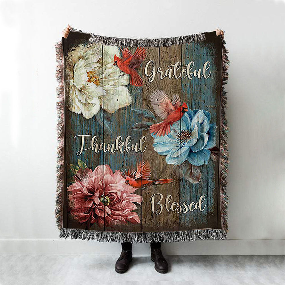 Grateful Thankful Blessed Camellia Northern Cardinal Woven Throw Blanket - Christian Woven Blanket Prints - Bible Verse Woven Blanket Art