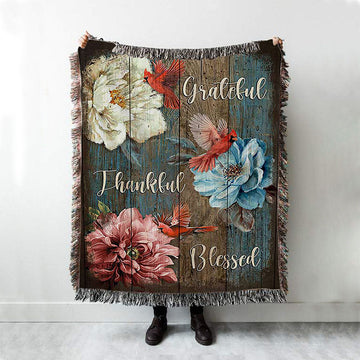 Grateful Thankful Blessed Camellia Northern Cardinal Woven Throw Blanket - Christian Woven Blanket Prints - Bible Verse Woven Blanket Art