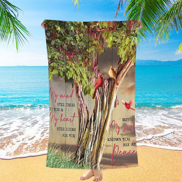 Green Tree, Watercolor Cardinal, My Mind Still Talks To You Beach Towel, Christian Beach Towel, Christian Gift, Gift For Women