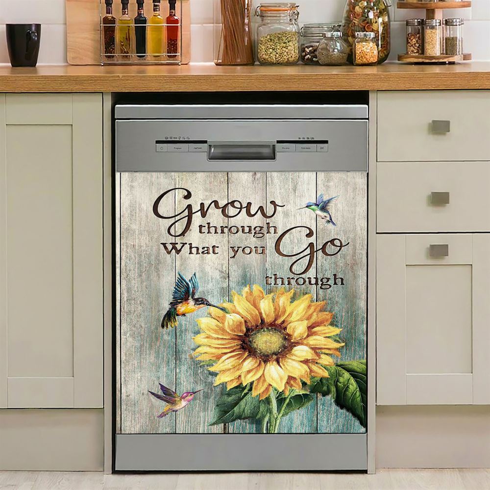 Grow Through What You Go Through Sunflower Hummingbird Dishwasher Cover, Christian Dishwasher Stickers, Bible Verse Kitchen Decor