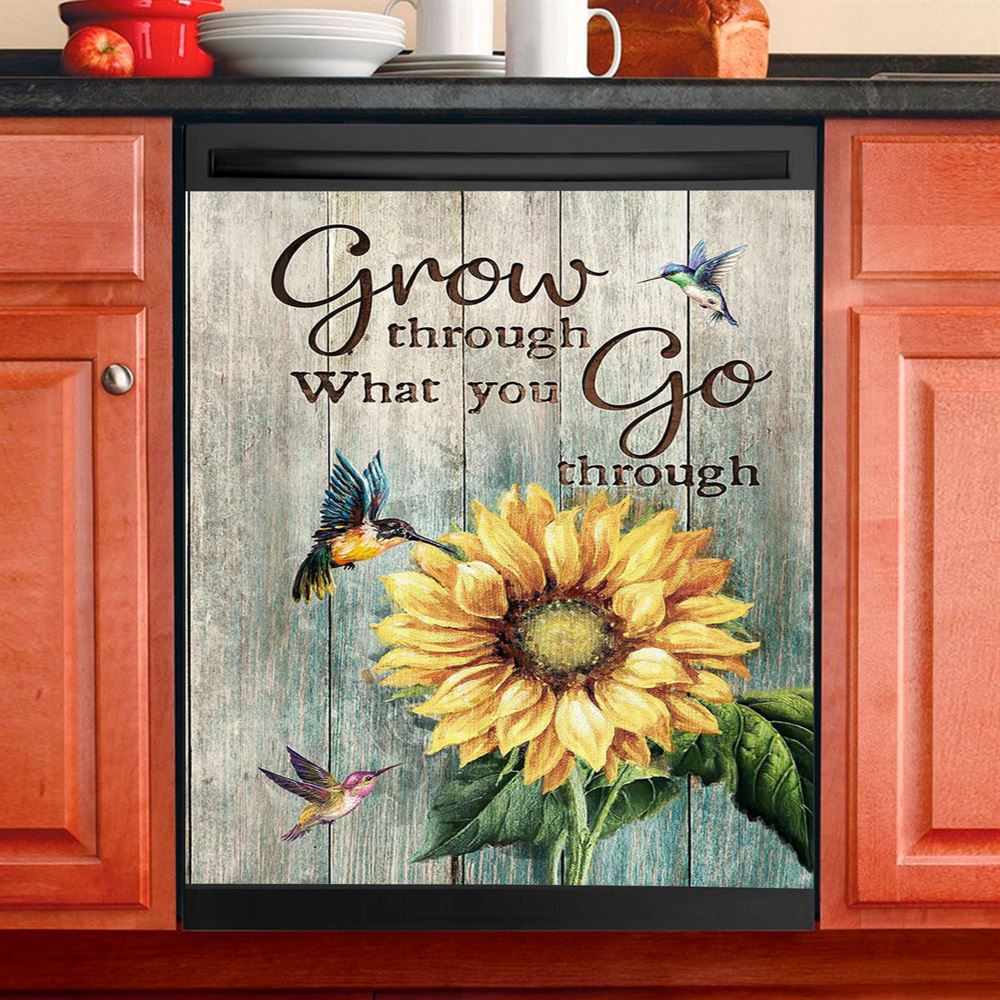 Grow Through What You Go Through Sunflower Hummingbird Dishwasher Cover, Christian Dishwasher Stickers, Bible Verse Kitchen Decor