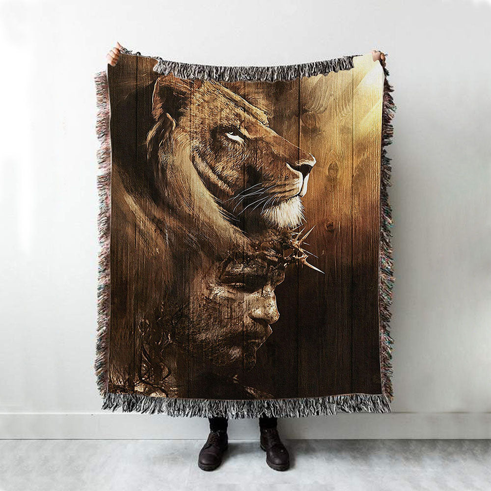 Half Lion Half Jesus Woven Throw Blanket - Jesus Woven Blanket Pictures - Christian Woven Throw Blanket